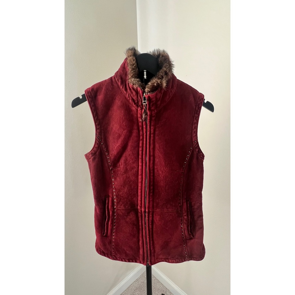 Overland Sheepskin Vest Womens Burgundy Red Shearling Fur Trim Studded Zip S
